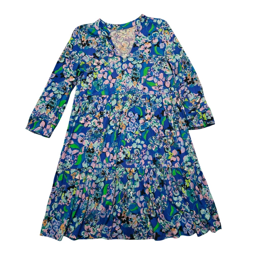 Lilly Pulitzer Medium Blue Floral Tiered Cotton Knit V-Neck Dress 3/4 Sleeve